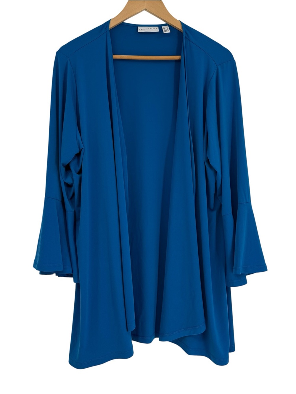 Susan Graver Jacket size 1X Blue Stretch Liquid Knit Open Front Flare Sleeve